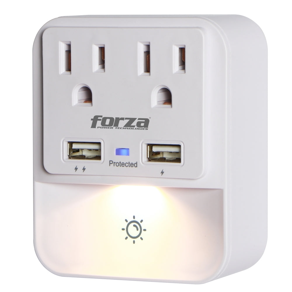 Tomacorriente Forza con Protector de Sobretension 2 tomas Luz Nocturna y 2 Puertos USB Codigo FWT221USB