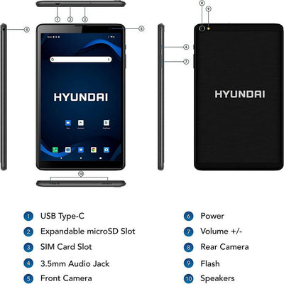 Tablet Hyundai de 8" HD IPS 2GB Ram 32GB Memoria WiFi LTE Color Negro HT8LAB1PBKLTM